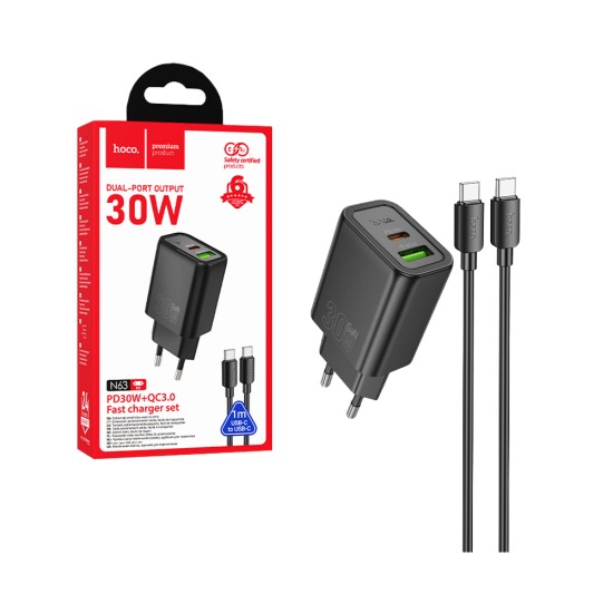 Adaptador Hoco N63 2 Portas USB+Tipo-C PD30W com Tipo-C para Tipo-C Cabo 1m Preto Adaptador Hoco N63 2 Portas USB+Tipo-C PD30W com Tipo-C para Tipo-C Cabo 1m Preto